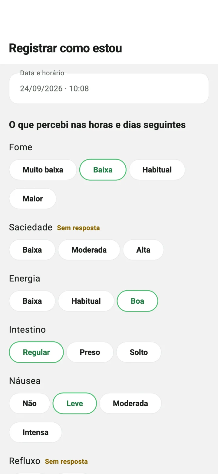 Formulário Registrar como estou com opções para fome, saciedade, energia, intestino e náusea