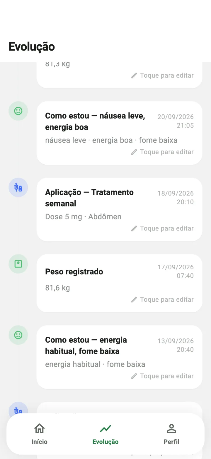 Linha do tempo com pesagens, aplicações e registros de Como estou, cada um com data e horário